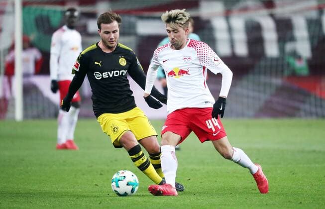 RB Leipzig Dortmund Soccer 1 Bundesliga Leipzig 03 03 2018 Red Bull Arena Soccer 1 BL 25 Gameday RB Leipzig vs BVB Borussia Dortmund Pictured l Mario Götze Goetze 10 Dortmund and Kevin Kampl 44 RB Leipzig