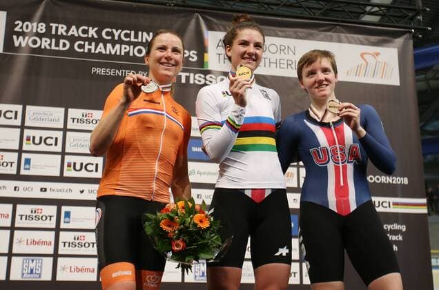 UCI 2018 Track Cycling World Championships 2018 Apeldoorn NED 03 03 2018 xmdx Womens Individual Pursuit Victory Ceremony form left 2nd Annemiek VAN VLEUTEN NED Netherlands silver world champion Chloe DYGERT United States of America gold 3rd Kelly CATLIN United States of America bronze 2018 Track Cycling World Championships