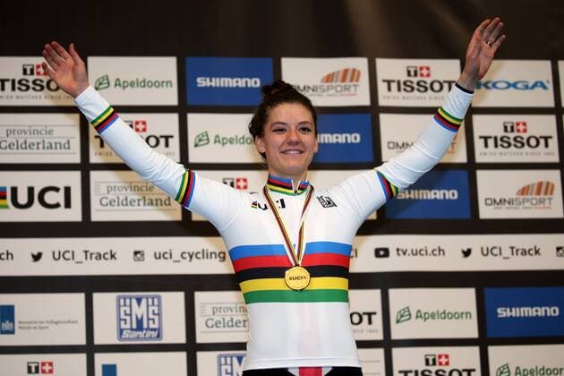 UCI 2018 Track Cycling World Championships 2018 Apeldoorn NED 03 03 2018 xmdx Womens Individual Pursuit Victory Ceremony World Champ Chloe DYGERT United States of America gold 2018 Track Cycling World Championships