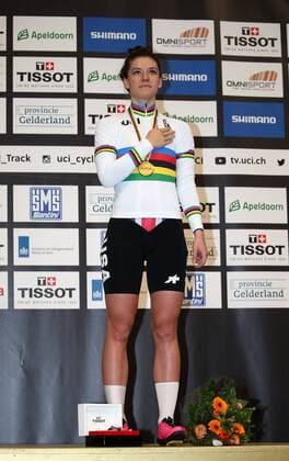 UCI 2018 Track Cycling World Championships 2018 Apeldoorn NED 03 03 2018 xmdx Womens Individual Pursuit Victory Ceremony World Champ Chloe DYGERT United States of America gold 2018 Track Cycling World Championships