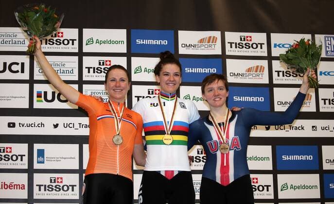UCI 2018 Track Cycling World Championships 2018 Apeldoorn NED 03 03 2018 xmdx Womens Individual Pursuit Victory Ceremony form left 2nd Annemiek VAN VLEUTEN NED Netherlands silver world champion Chloe DYGERT United States of America gold 3rd Kelly CATLIN United States of America bronze 2018 Track Cycling World Championships