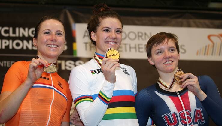 UCI 2018 Track Cycling World Championships 2018 Apeldoorn NED 03 03 2018 xmdx Womens Individual Pursuit Victory Ceremony form left 2nd Annemiek VAN VLEUTEN NED Netherlands silver world champion Chloe DYGERT United States of America gold 3rd Kelly CATLIN United States of America bronze 2018 Track Cycling World Championships