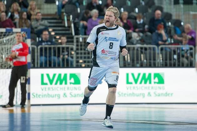 René Boese Nr 8 Elbflorenz rejoices over his goal HC Rhein Vikings vs HC Elbflorenz Dresden Handball 2 Bundesliga 03 03 18 Düsseldorf NRW Germany Castello Copyright: xcdn_nszx