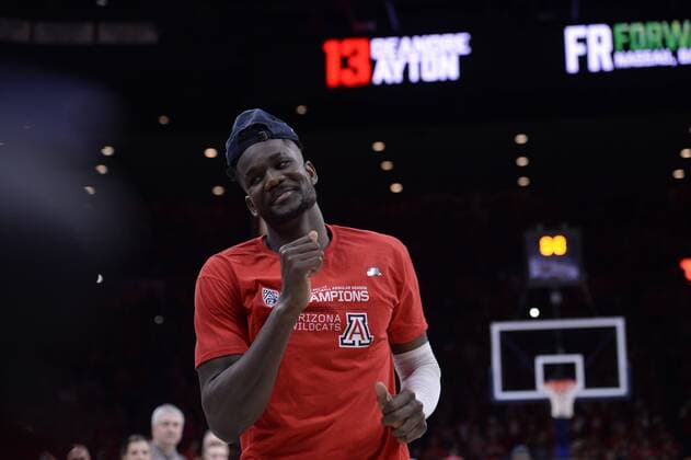 March 3, 2018 - Tucson, Arizona, U.S - Arizona s DEANDRE AYTON (13) dances after winning the Pac 12 Conference Championship against California Saturday, March 3, 2018, at McKale Center in Tucson, Arizona. Arizona won 66-54 against California to win the Pac 12 Conference Championship. NCAA College League USA Basketball 2018 Arizona vs California - ZUMAb166 20180303_zap_b166_009 Copyright: xJeffxBrownx