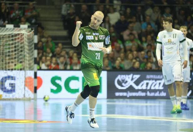 04 03 2018 xcsx Handball EHF Cup SC Magdeburg Tatran Presov emspor v Robert Weber SC Magdeburg celebrates after scoring a goal in Magdeburg