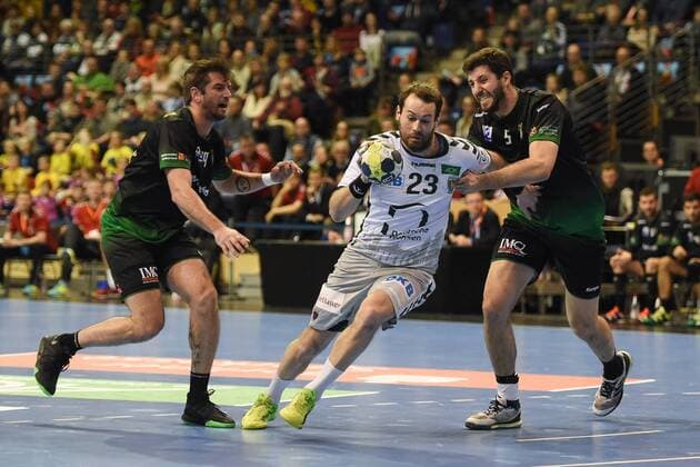 Handball Mens EHF Cup Season 2017 18 Group B Foxes Berlin Helvetia Anaitasuna Raul Nantes No 49 Helvetia Anaitasuna Steffen Fäth No 23 Füchse Berlin Cristian Martinez No 5 Helvetia Anaitasuna 04 03 18 Copyright: xMichaelxHundtx xMatthiasxKochx