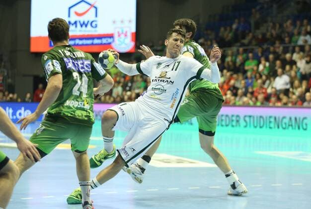 04 03 2018 xcsx Handball EHF Cup SC Magdeburg Tatran Presov emspor v l Christian O Sullivan SC Magdeburg Lukas Urban Tatran Presov Piotr Chrapkowski SC Magdeburg Battle of the Ball Magdeburg