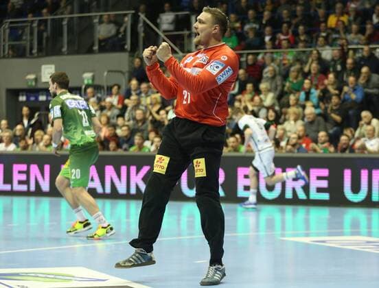 04 03 2018 xcsx Handball EHF Cup SC Magdeburg Tatran Presov emspor v Dario Quenstedt SC Magdeburg celebrates after parade Magdeburg