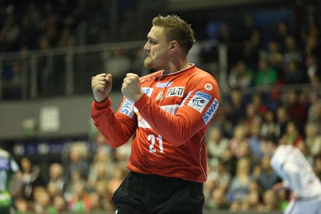 04 03 2018 xcsx Handball EHF Cup SC Magdeburg Tatran Presov emspor v Lukas Mertens SC Magdeburg celebrates Parade Portrait Magdeburg