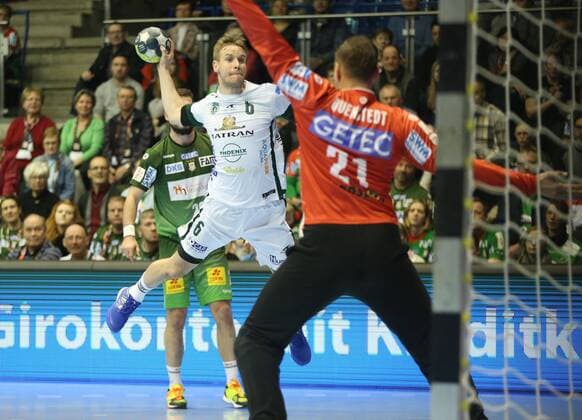 04 03 2018 xcsx Handball EHF Cup SC Magdeburg Tatran Presov emspor v l Jakub Hrstka Tatran Presov Litter against Dario Quenstedt SC Magdeburg Magdeburg