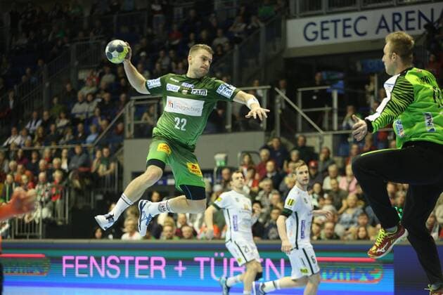 04 03 2018 xcsx Handball EHF Cup SC Magdeburg Tatran Presov emspor v Lukas Mertens SC Magdeburg throws against Igor Chupryna Tatran Presov Magdeburg