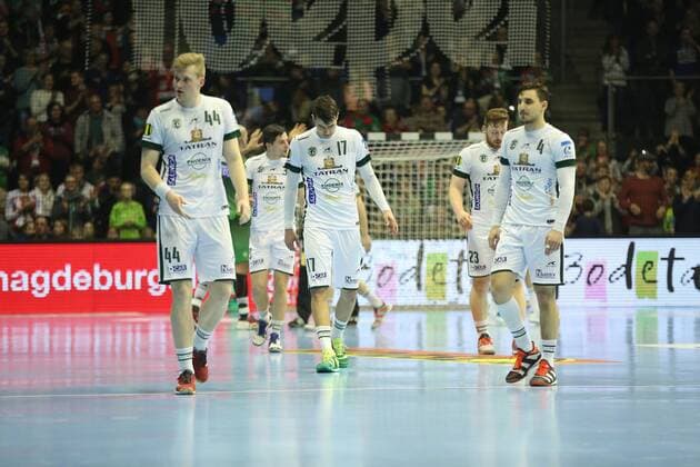04 03 2018 xcsx Handball EHF Cup SC Magdeburg Tatran Presov emspor v l players of Presov disappointed disappointed looking disappointed Magdeburg