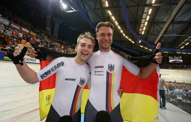 UCI 2018 Track Cycling World Championships 2018 Apeldoorn NED 04 03 2018 xmdx Mens Madison finals Men Madison World Champions Theo REINHARDT GER Germany Germany with Roger KLUGE GER Germany Germany right gold 2018 Track Cycling World Championships