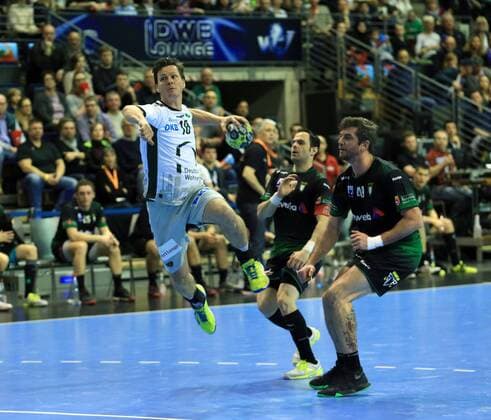 GER EHF Cup 2018 FUECHSE BERLIN VS Helvetia Anaitasuna 04 03 2018 Max Schmeling Halle Berlin GER EHF Cup 2018 FUEL BERLIN VS Helvetia Anaitasuna in the picture Hans Lindberg Fuechse Berlin 18 Miguel Arraras Helvetia Anaitasuna 20 Raul Campos Helvetia Anaitasuna 49 nordphotox xEngler nph00076
