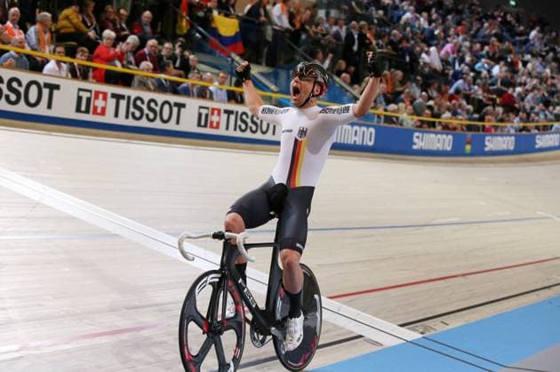 UCI 2018 Track Cycling World Championships 2018 Apeldoorn NED 04 03 2018 xmdx Mens Madison finals Men Madison World Champions Theo REINHARDT GER Germany Germany cheers here with Roger KLUGE GER Germany 2018 Track Cycling World Championships