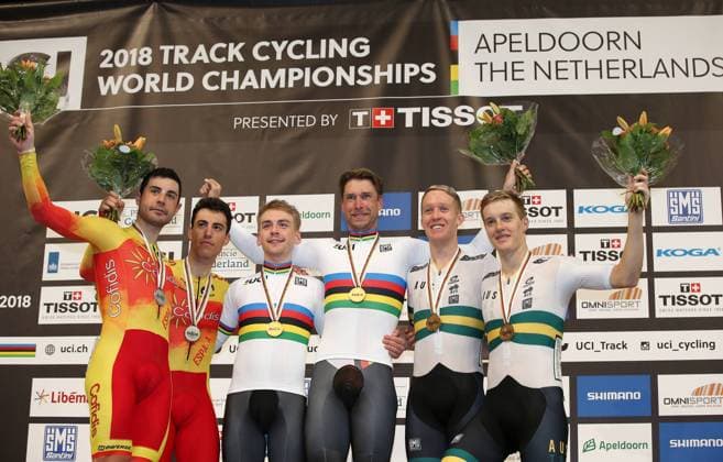 UCI 2018 Track Cycling World Championships 2018 Apeldoorn NED 04 03 2018 xmdx Mens Madison finals Victory Ceremony 2nd place Spain Alberto Torres Barcelo with Sebastian Mora Vedri silver World Champions Germany Germany Theo REINHARDT and Roger KLUGE gold 3rd Australia Cameron Meyer and Callum Scotson bronze 2018 Track Cycling World Championships