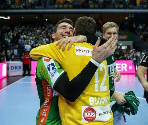 Germany Wetzlar Rittal Arena 04 03 2017 Handball DHB Cup Quarterfinals HSG Wetzlar TVB 1898 Stuttgart Photo of goalkeeper Benjamin Buric HSG Wertzlar 12 and hi Filip Mirkulovski HSG Wertzlar 13 are in the arms after the victory Copyright: HMBxMedia ThomasxJäger