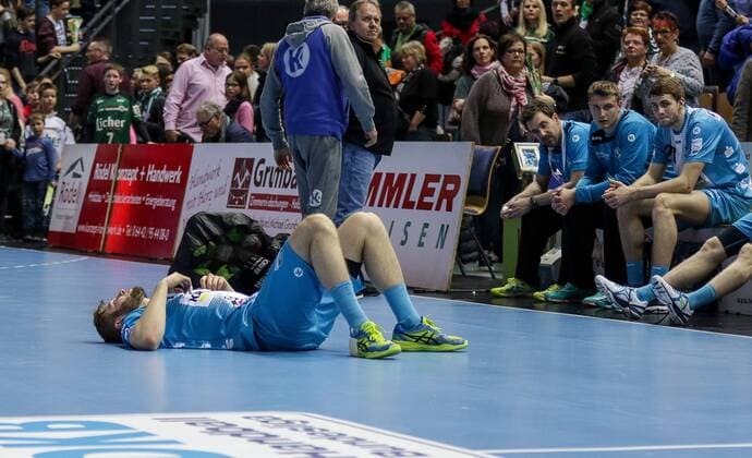 Germany Wetzlar Rittal Arena 04 03 2017 Handball DHB Pokal Quarterfinals HSG Wetzlar TVB 1898 Stuttgart Photo Samuel Röthlisberger TBV 1898 Stuttgart 17 is lying on the ground after the defeat Copyright: HMBxMedia ThomasxJäger
