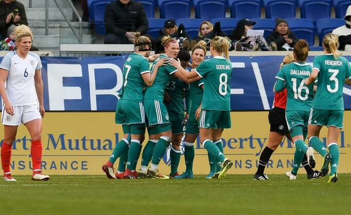 March 4, 2018 - Harrison, NJ, USA - Harrison, N.J. - Sunday March 04, 2018: Germany celebrates their goal during a 2018 SheBelieves Cup match between the women s national teams of the Germany (GER) and England (ENG) at Red Bull Arena. Germany celebrates their goal - ZUMAt139 20180304_zaa_t139_119 Copyright: xBradxSmithx