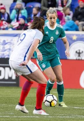 HARRISON, NJ - MARCH 04: Mel Lawley (19) of England defends against Lena Goebling (8) of Germany during a She Believes Cup match between England and Germany, on March 04, 2018, at Red Bull Arena, in Harrison, N.J. The game ended in a 2-2 tie. (Photo by Tony Quinn Icon Sportswire) SOCCER: MAR 04 SheBelieves Cup - England v Germany Icon25518030407 EDITORIAL USE ONLY