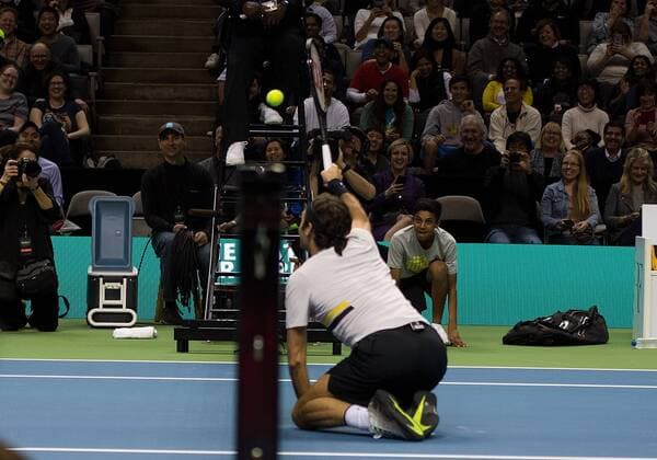 March 5, 2018 - San Jose, California, U.S - ROGER FEDERER has some fun in a volley with JACK SOCK during The Match For Africa 5 Silicon Valley The Match For Africa 5 Silicon Valley - ZUMAs179 20180305_zap_s179_025 Copyright: xRobertxSirotax