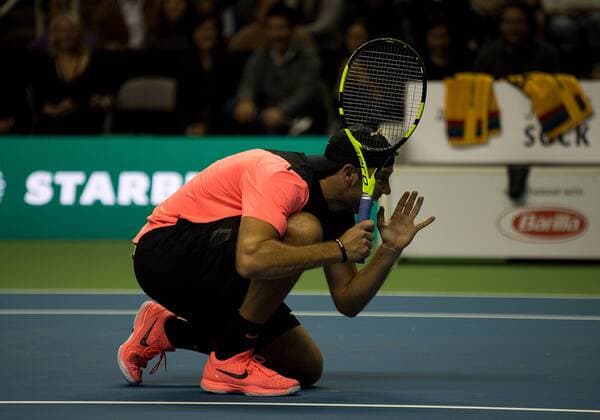 March 5, 2018 - San Jose, California, U.S - JACK SOCK protects himself from is partner SAVANNAH GUTHRIE s serve during The Match For Africa 5 Silicon Valley The Match For Africa 5 Silicon Valley - ZUMAs179 20180305_zap_s179_038 Copyright: xRobertxSirotax