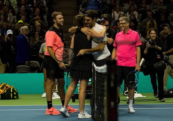 March 5, 2018 - San Jose, California, U.S - ROGER FEDERER hugs SAVANNAH GUTHRIE after the win at The Match For Africa 5 Silicon Valley The Match For Africa 5 Silicon Valley - ZUMAs179 20180305_zap_s179_012 Copyright: xRobertxSirotax