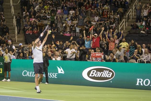 March 05, 2018: Roger Federer (SUI) defeated Jack Sock (USA) 7-6 (9), 6-4 at The Match for Africa 5 Silicon Valley played at the SAP Center in San Jose, California. Â© TennisClix CSM Tennis 2018: The Match for Africa 5 Silicon Valley March 05 2018 - ZUMAc04_ 20180305_zaf_c04_041 Copyright: xMalxTaamx