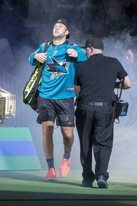 March 05, 2018: Jack Sock (USA) interacts with the crowd during his match against Roger Federer (SUI) at The Match for Africa 5 Silicon Valley played at the SAP Center in San Jose, California. Â© TennisClix CSM Tennis 2018: The Match for Africa 5 Silicon Valley March 05 2018 - ZUMAc04_ 20180305_zaf_c04_042 Copyright: xMalxTaamx