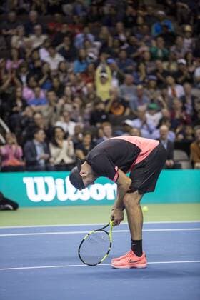 March 05, 2018: Jack Sock (USA) interacts with the crowd during his match against Roger Federer (SUI) at The Match for Africa 5 Silicon Valley played at the SAP Center in San Jose, California. Â© TennisClix CSM Tennis 2018: The Match for Africa 5 Silicon Valley March 05 2018 - ZUMAc04_ 20180305_zaf_c04_045 Copyright: xMalxTaamx