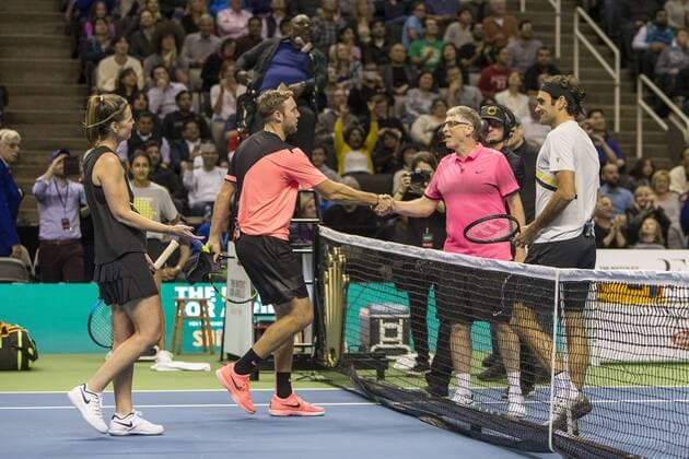 March 05, 2018: Roger Federer (SUI) and Bill Gates defeated Jack Sock (USA) and Savannah Guthrie 6-3 at The Match for Africa 5 Silicon Valley played at the SAP Center in San Jose, California. Â© TennisClix CSM Tennis 2018: The Match for Africa 5 Silicon Valley March 05 2018 - ZUMAc04_ 20180306_zaf_c04_002 Copyright: xMalxTaamx