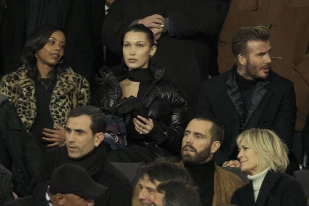 March 7, 2018 - Paris, Ile de France, France - DAVID BECKHAM close to the model BELLA HADID during the 8th finals of the Champions League match Paris SG against Real Madrid at the Parc des Princes Stadium in Paris - France..Real Madrid won 2-1 and qualifies for the quarter-finals Soccer 2018 - Paris SG 1-2 Real Madrid - ZUMAp119 20180307_zaf_p119_002 Copyright: xPierrexSteveninx