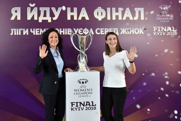 Ambassador of the 2018 UEFA Women s Champions League final, midfielder of the Ukrainian women s national football team Iia Andrushchak and retired German footballer, recipient of the 2014FIFA World Player of the Year award, UEFA Best Women s Player in Europe, UEFA women s football advisor Nadine Kessler (R to L) stand by the main trophy of the 2018 UEFA Women s Champions League during the launch of ticket sales for the final, Kyiv, capital of Ukraine, March 6, 2018. The final will take place at the Valeriy Lobanovskyi Dynamo Stadium in Kyiv on May 24. Ukrinform. Launch of ticket sales for 2018 UEFA Women s Champions League final in Kyiv  Copyright: xKubanovPavlox