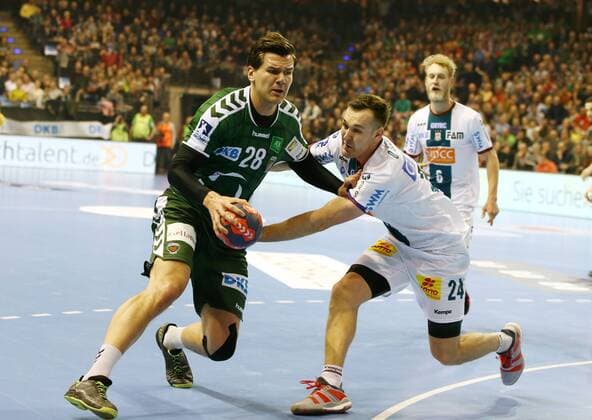 Erik Schmidt Christian O Sullivan Action Game scene Duel sports Handball DHB Cup DKB Bundesliga Mens Season 2017 2018 07 03 2018 Füchse Berlin vs SC Magdeburg SCM