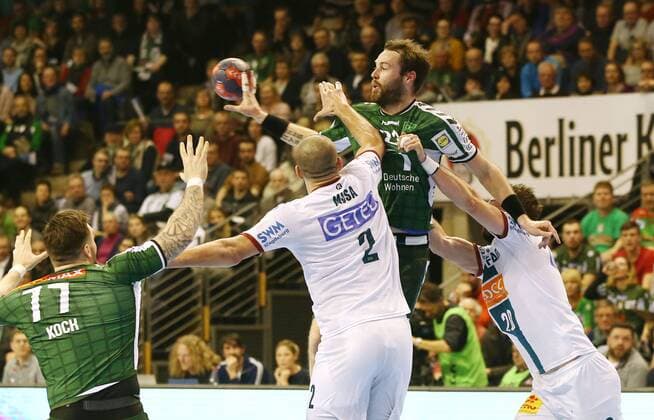 Zeljko Musa Steffen Fäth Mads Christiansen Action Game scene Duel sports Handball DHB Cup DKB Bundesliga Mens Season 2017 2018 07 03 2018 Füchse Berlin vs SC Magdeburg SCM