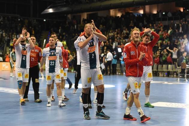Handball mens DHB Cup season 2017 18 quarterfinal foxes Berlin SC Magdeburg rejoicing after the final whistle 07 03 18 Copyright: xMichaelxHundtx xMatthiasxKochx