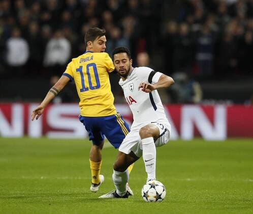 Tottenham s Mousa Dembele tussles with Juventus Paulo Dybala during the Champions League Round of 16 match at Wembley Stadium, London. Picture date: March 7th 2018. Picture credit should read: David Klein Sportimage EDITORIAL USE ONLY. No use with unauthorised audio, video, data, fixture lists, club league logos or live services. Online in-match use limited to 120 images, no video emulation. No use in betting, games or single club league player publications.