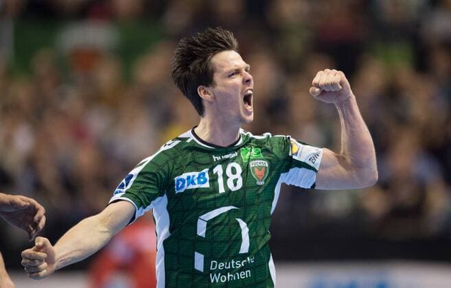 Hans Lindberg 18 B celebrates handball DHB Pokal season 2017 2018 quarterfinals Fuechse Berlin SC Magdeburg in Berlin Germany on 07 03 2018