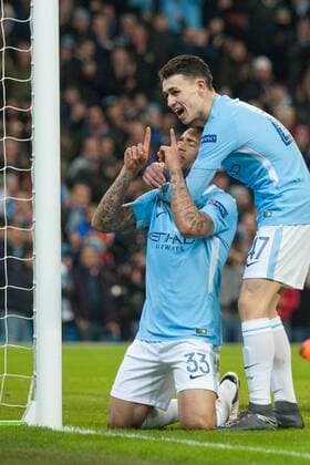 Manchester City v FC Basel UEFA Champions League Phil Foden comes to congratulate Gabriel Jesus of Manchester City as he celebrates after scoring his sides first goalduring the UEFA Champions League match at the Etihad Stadium, Manchester Content Not Available For UK Newspapers Copyright: xMattxWilkinsonx FIL-11459-0015