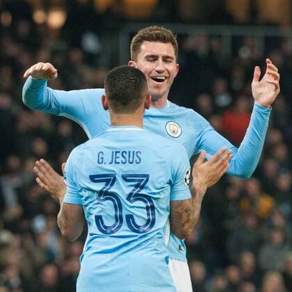 Manchester City v FC Basel UEFA Champions League Gabriel Jesus is congratulated by Aymeric Laporte of Manchester City after scoring his sides first goal during the UEFA Champions League match at the Etihad Stadium, Manchester Content Not Available For UK Newspapers Copyright: xMattxWilkinsonx FIL-11459-0018