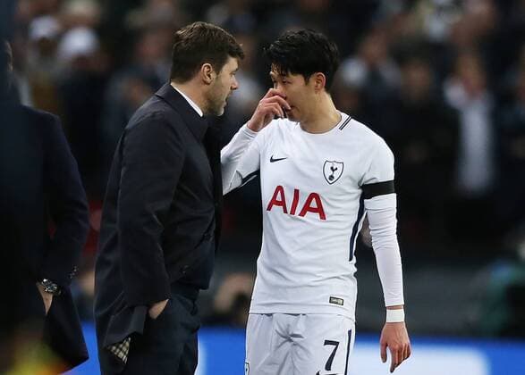 7th March 2018, Wembley Stadium, London England; UEFA Champions League football, round of 16, 2nd leg, Tottenham Hotspur versus Juventus; Tottenham Hotspur Manager Mauricio Pochettino talking tactics to Son Heung-Min of Tottenham Hotspur from the touchline  ActionPlus11998947
