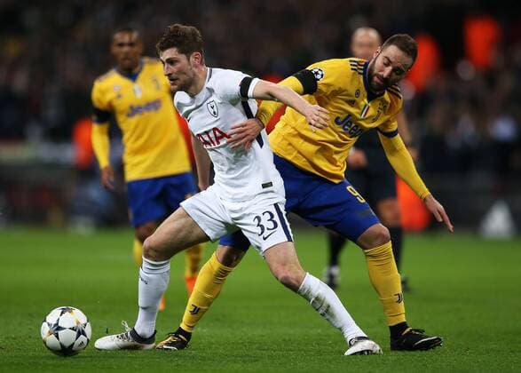 7th March 2018, Wembley Stadium, London England; UEFA Champions League football, round of 16, 2nd leg, Tottenham Hotspur versus Juventus; Ben Davies of Tottenham Hotspur blocks the ball from Gonzalo Higuain of Juventus  ActionPlus11998951