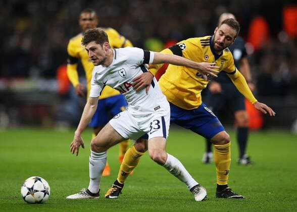 7th March 2018, Wembley Stadium, London England; UEFA Champions League football, round of 16, 2nd leg, Tottenham Hotspur versus Juventus; Ben Davies of Tottenham Hotspur blocks the ball from Gonzalo Higuain of Juventus  ActionPlus11998952