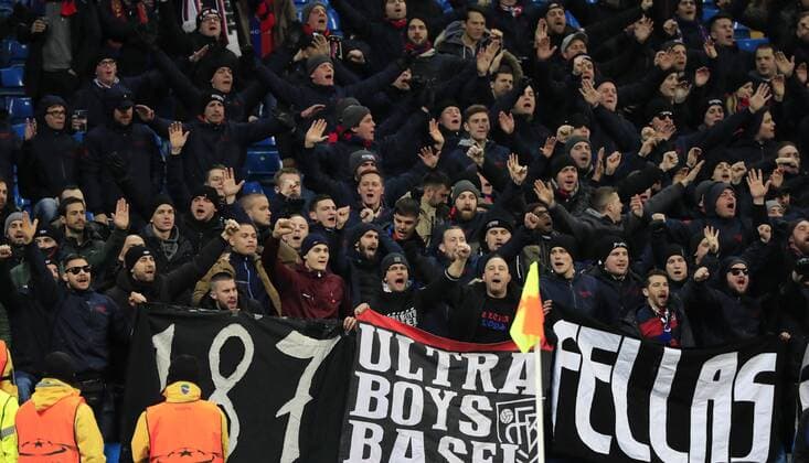 7th March 2018, Etihad Stadium, Manchester, England; UEFA Champions League football, round of 16, 2nd leg, Manchester City versus FC Basel; Basel Ultras before the match  ActionPlus11998955