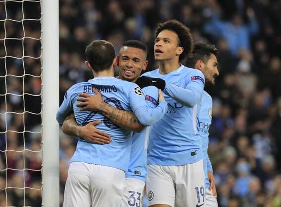 7th March 2018, Etihad Stadium, Manchester, England; UEFA Champions League football, round of 16, 2nd leg, Manchester City versus FC Basel; Gabriel Jesus celebrates with his Manchester City teammates after scoring the opening goal in the seventh minute  ActionPlus11998959