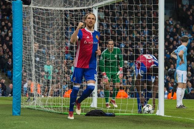 Manchester City v FC Basel UEFA Champions League Michael Lang of Basel celebrates after scoring his sides second goal during the UEFA Champions League match at the Etihad Stadium, Manchester Content Not Available For UK Newspapers Copyright: xMattxWilkinsonx FIL-11459-0030