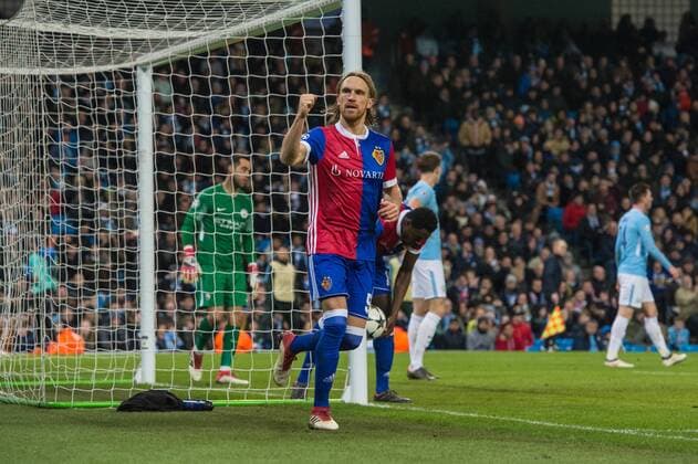 Manchester City v FC Basel UEFA Champions League Michael Lang of Basel celebrates after scoring his sides second goal during the UEFA Champions League match at the Etihad Stadium, Manchester Content Not Available For UK Newspapers Copyright: xMattxWilkinsonx FIL-11459-0031