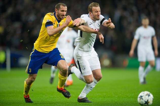 Tottenham s Harry Kane and Juventus Giorgio Chiellini during the UEFA Champions League match between Tottenham Hotspur and Juventus at Wembley Stadium, London, England on 7 March 2018. Copyright: xAndrewxAleksiejczukx PMI-1869-0009