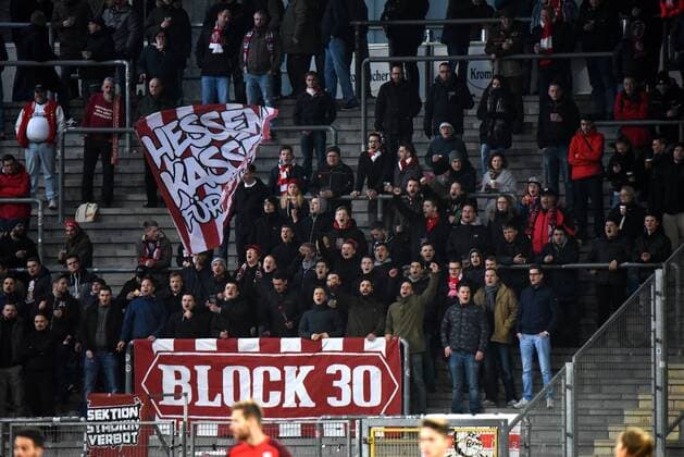 07 03 2018 xkhx Kassel Auerstadion Regionalliga Süd season 2017 2018 KSV Hessen Kassel against TSG Hoffenheim II U23 the lion fans with the flag of Hesse Kassel
