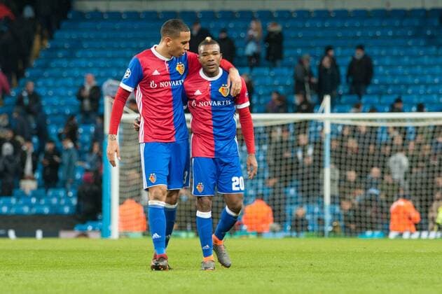 Manchester City v FC Basel UEFA Champions League L?o Lacroix (left) and Serey Die of Basel following the UEFA Champions League match at the Etihad Stadium, Manchester Content Not Available For UK Newspapers Copyright: xMattxWilkinsonx FIL-11459-0036
